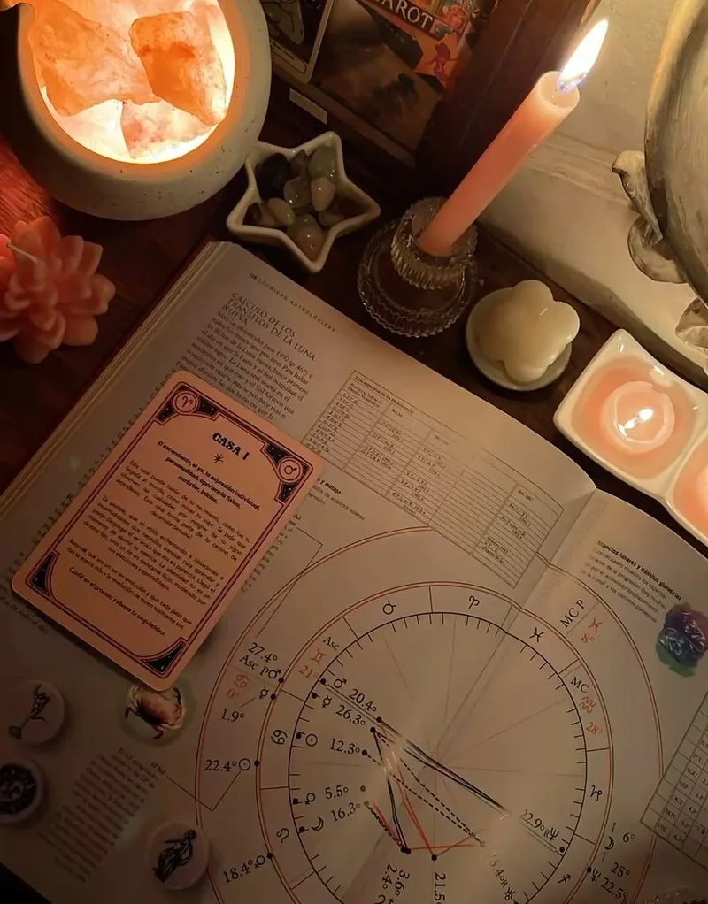Mesa com mapa astral, livro de astrologia, cristais e velas
