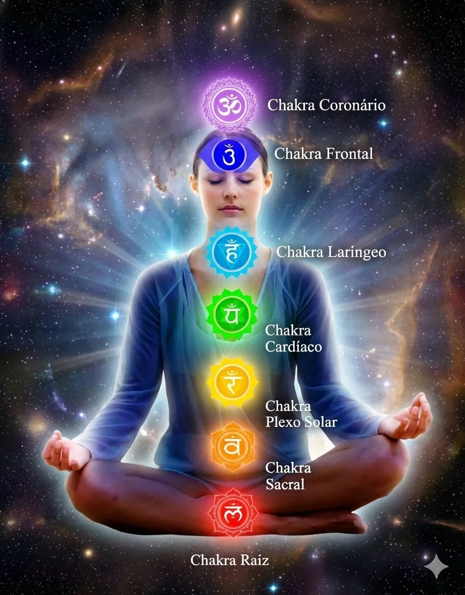 Pessoa em meditação com os sete chakras iluminados ao longo da coluna