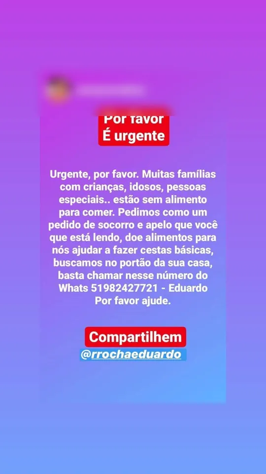 Story compartilhando o pedido urgente de alimentos