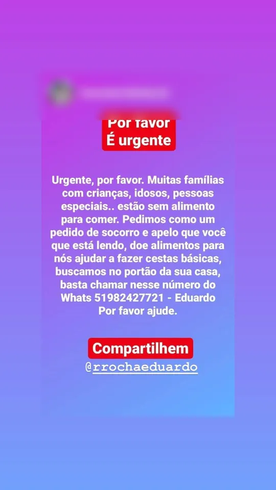 Story compartilhando o pedido urgente de alimentos