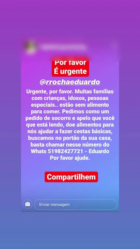 Story compartilhando o pedido urgente de alimentos