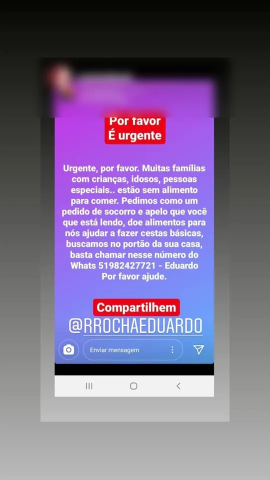 Story compartilhando o pedido urgente de alimentos