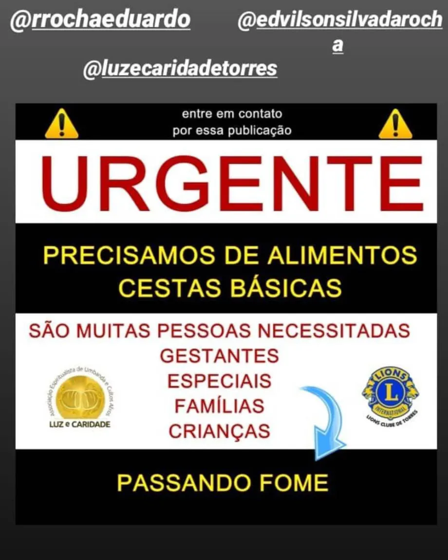 Cartaz da campanha pedindo alimentos e cestas básicas para gestantes, famílias e crianças